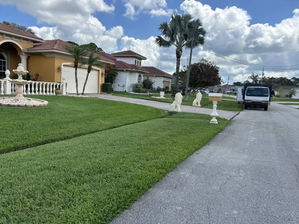 Fresh-cut lawn along the drive
